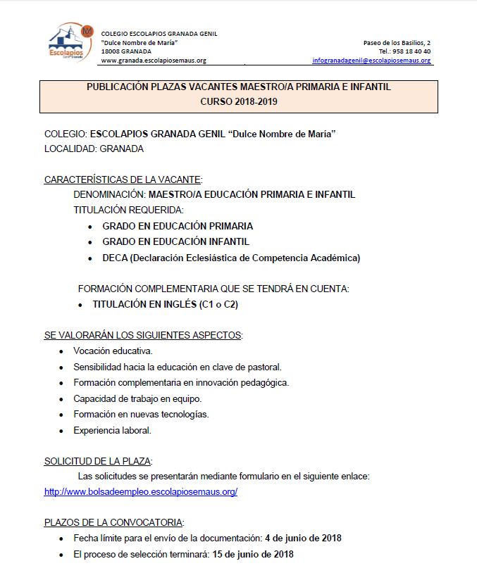 Vacante maestro Infantil y Primaria - Colegios en Granada Escolapios Genil