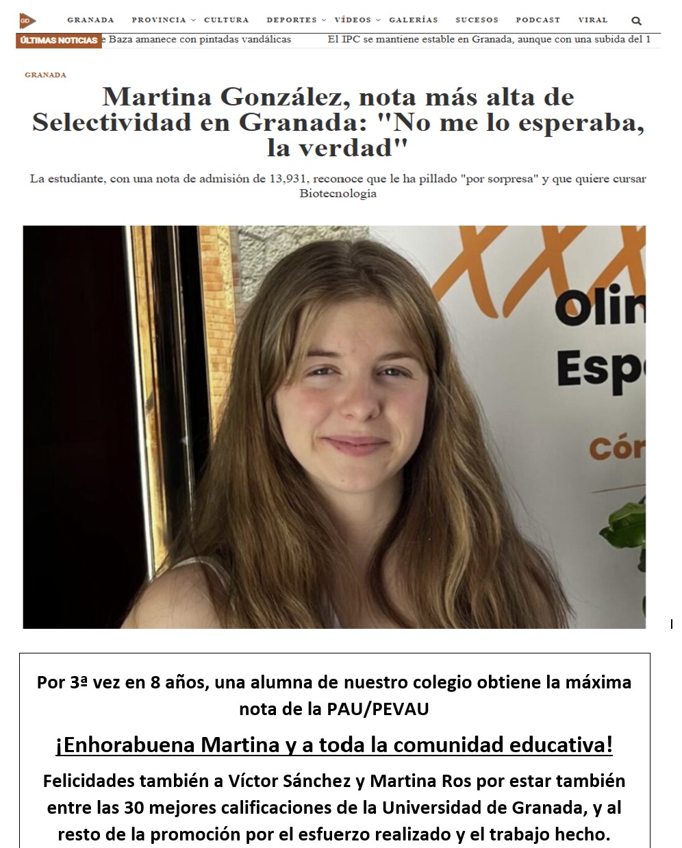 Mejor nota PAU 2025 Granada